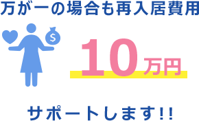 万が一の場合も再入居費用10万円サポートします!!